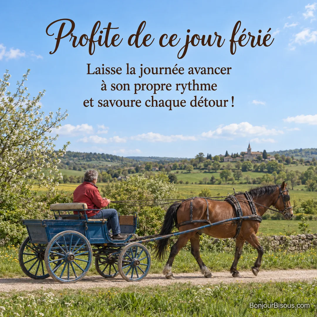 Un conducteur guide une calèche bleue tirée par un cheval sur un chemin de Bourgogne, avec le texte « Profite de ce jour férié Laisse la journée avancer à son propre rythme et savoure chaque détour ! ». Un conducteur guide une calèche bleue tirée par un cheval sur un chemin de Bourgogne, avec le texte « Profite de ce jour férié Laisse la journée avancer à son propre rythme et savoure chaque détour ! ».