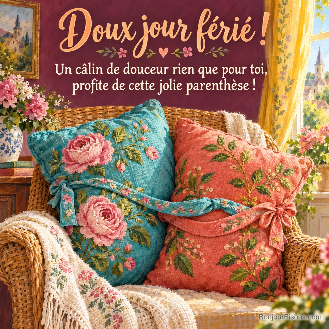 Deux coussins fleuris corail et turquoise s’étreignent avec leurs liens de tissu sur un fauteuil en rotin, avec le texte « Doux jour férié ! Un câlin de douceur rien que pour toi, profite de cette jolie parenthèse ! ». Deux coussins fleuris corail et turquoise s’étreignent avec leurs liens de tissu sur un fauteuil en rotin, avec le texte « Doux jour férié ! Un câlin de douceur rien que pour toi, profite de cette jolie parenthèse ! ».