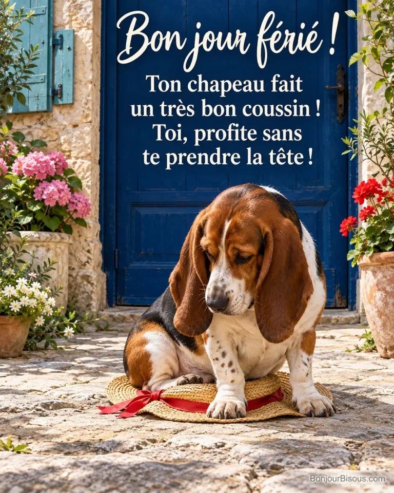 Un basset tricolore s’assied sur un chapeau de paille écrasé dans une cour aux volets turquoise, avec le message « Bon jour férié ! Ton chapeau fait un très bon coussin ! Toi, profite sans te prendre la tête ! ».