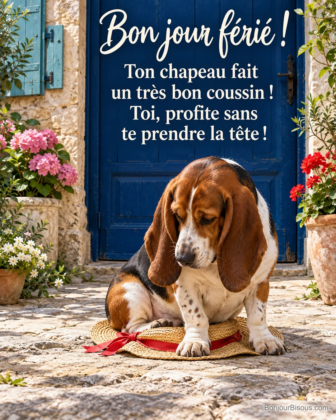 Un basset tricolore s’assied sur un chapeau de paille écrasé dans une cour aux volets turquoise, avec le message « Bon jour férié ! Ton chapeau fait un très bon coussin ! Toi, profite sans te prendre la tête ! ».
