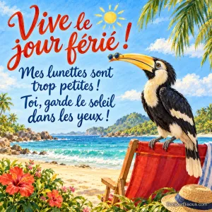 Un calao porte une minuscule paire de lunettes de soleil tout au bout de son long bec jaune, avec le message « Vive le jour férié ! Mes lunettes sont trop petites ! Toi, garde le soleil dans les yeux ! ».