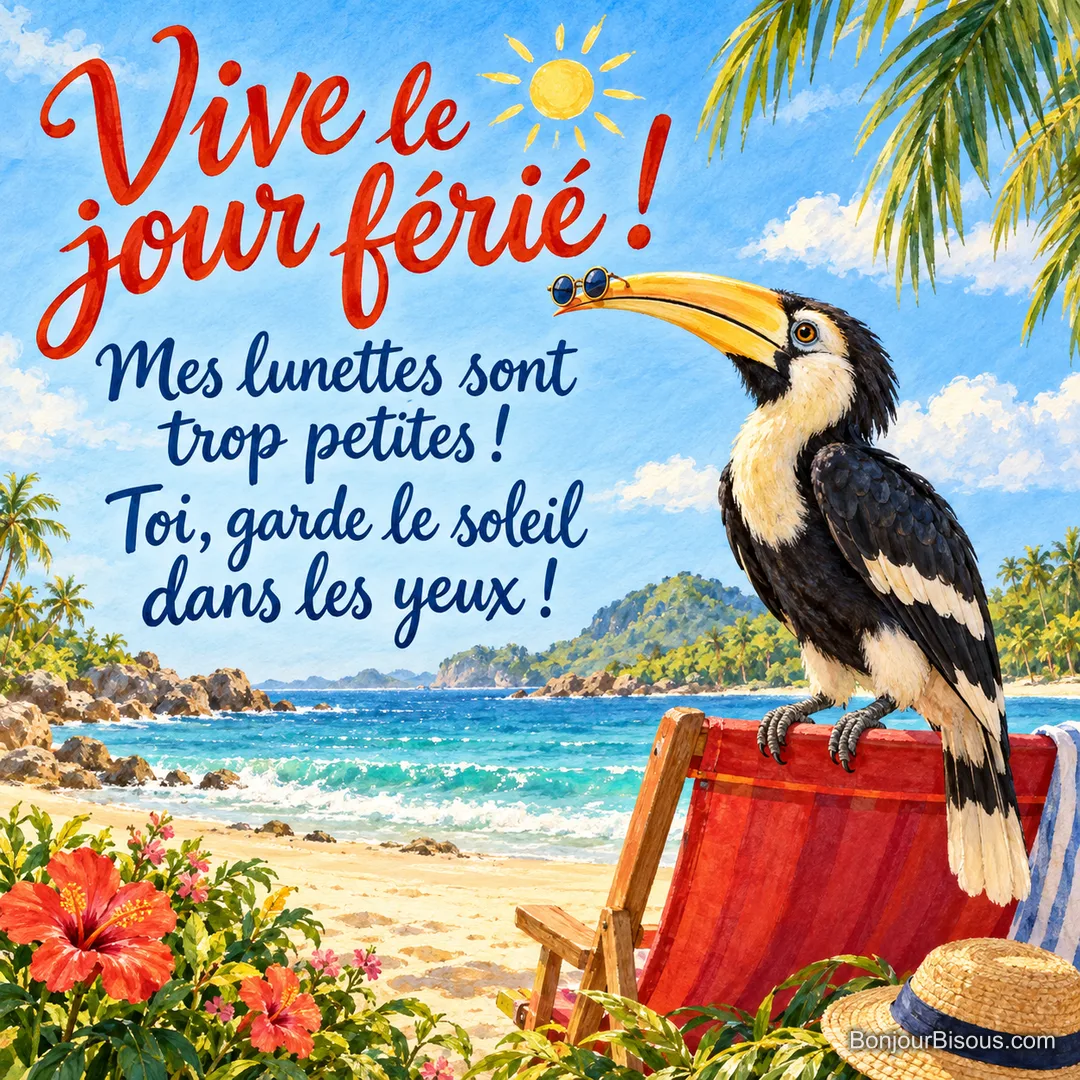 Un calao porte une minuscule paire de lunettes de soleil tout au bout de son long bec jaune, avec le message « Vive le jour férié ! Mes lunettes sont trop petites ! Toi, garde le soleil dans les yeux ! ».