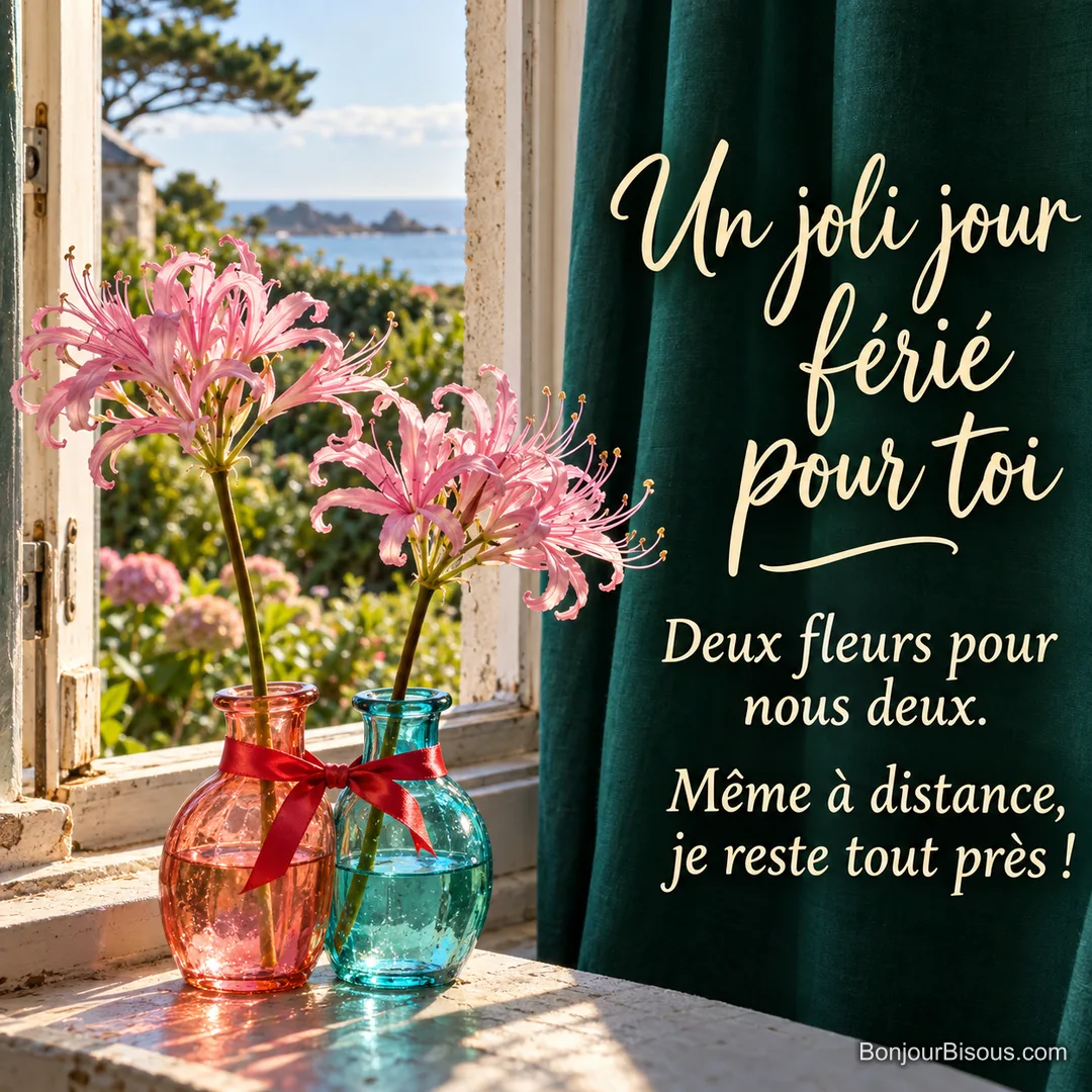 Deux soliflores corail et turquoise liés par un ruban rouge accueillent chacun une tige de nérines roses, avec le message « Un joli jour férié pour toi Deux fleurs pour nous deux. Même à distance, je reste tout près ! ».