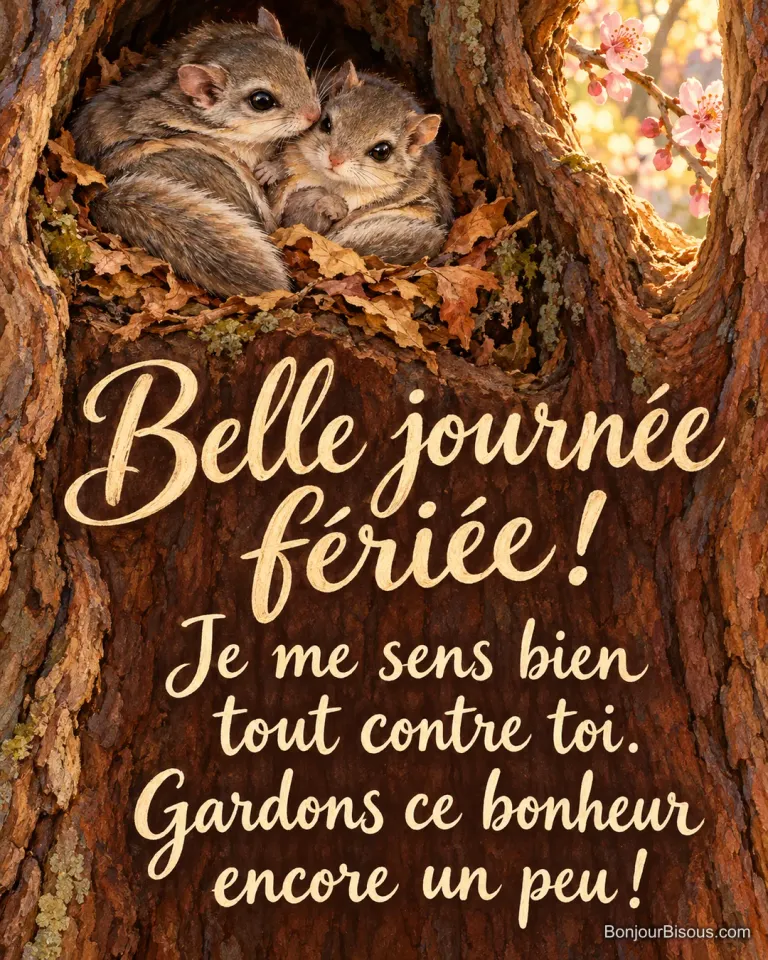 Deux écureuils volants gris-brun se blottissent dans un nid de feuilles au creux d’un arbre fleuri, avec le message « Belle journée fériée ! Je me sens bien tout contre toi. Gardons ce bonheur encore un peu ! ».