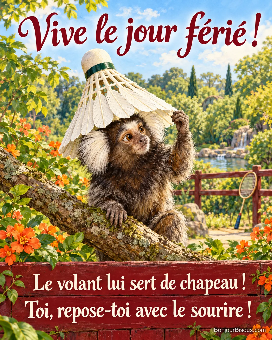 Un ouistiti porte un grand volant de badminton blanc comme un chapeau dans un jardin verdoyant, avec le message « Vive le jour férié ! Le volant lui sert de chapeau ! Toi, repose-toi avec le sourire ! ».