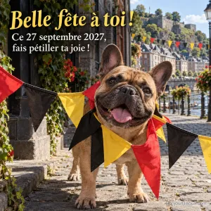 Dans une rue de Namur décorée en noir-jaune-rouge, un bouledogue français fauve adulte a passé sa tête à travers une couronne de fanions et semble ravi du désordre, avec le texte « Belle fête à toi ! Ce 27 septembre 2027, fais pétiller ta joie ! ».