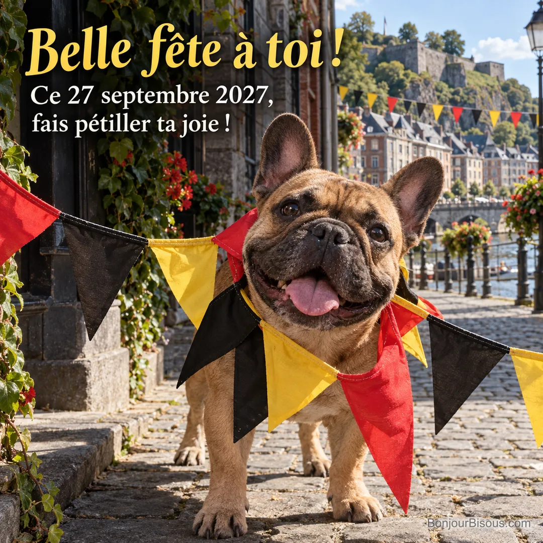 Dans une rue de Namur décorée en noir-jaune-rouge, un bouledogue français fauve adulte a passé sa tête à travers une couronne de fanions et semble ravi du désordre, avec le texte « Belle fête à toi ! Ce 27 septembre 2027, fais pétiller ta joie ! ». Dans une rue de Namur décorée en noir-jaune-rouge, un bouledogue français fauve adulte a passé sa tête à travers une couronne de fanions et semble ravi du désordre, avec le texte « Belle fête à toi ! Ce 27 septembre 2027, fais pétiller ta joie ! ».