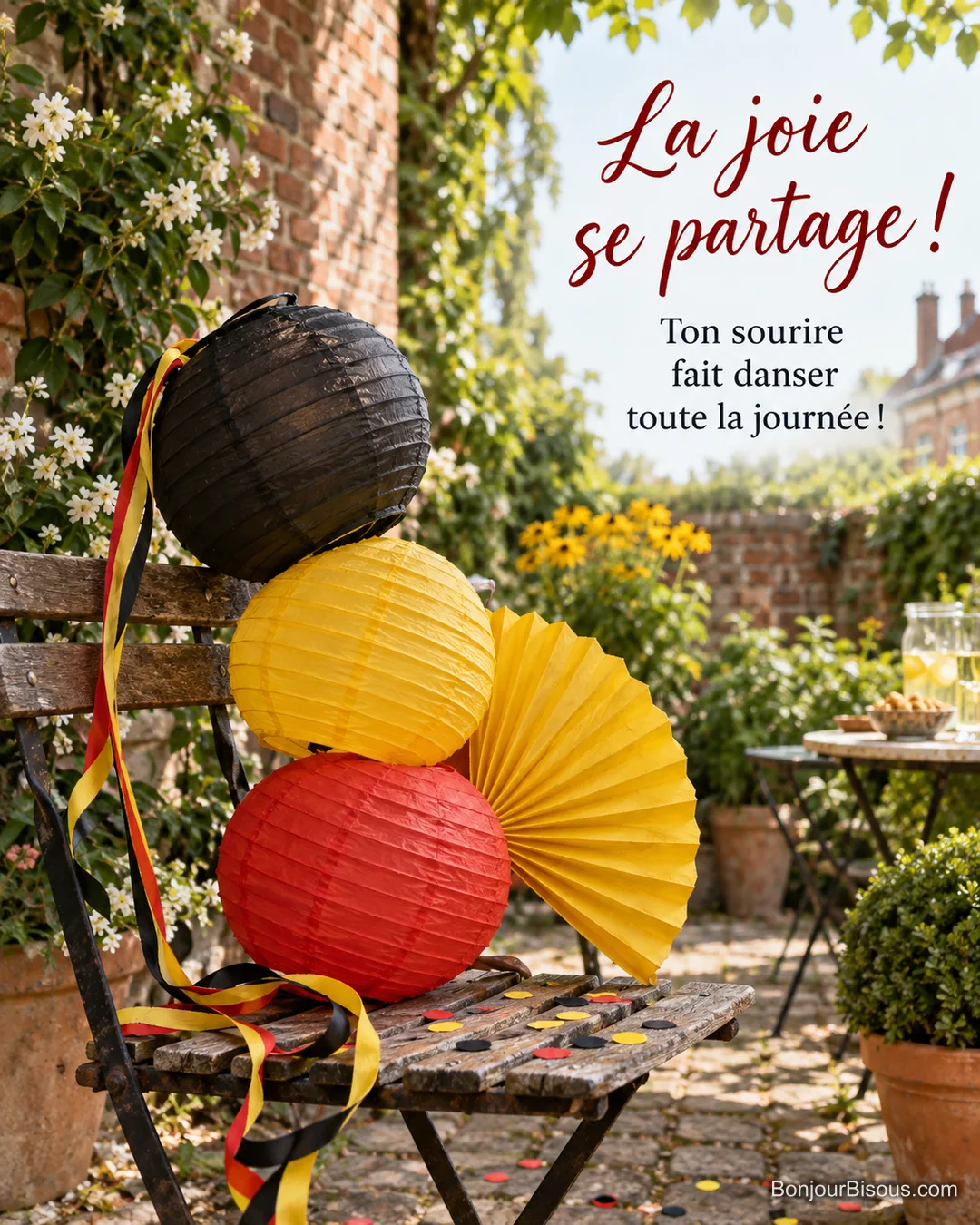 Trois petites lanternes de papier unies noire, jaune et rouge se sont échappées d’un ruban et s’emboîtent en pile bancale sur une chaise d’un jardin bruxellois en fête, avec le texte « La joie se partage ! Ton sourire fait danser toute la journée ! ». Trois petites lanternes de papier unies noire, jaune et rouge se sont échappées d’un ruban et s’emboîtent en pile bancale sur une chaise d’un jardin bruxellois en fête, avec le texte « La joie se partage ! Ton sourire fait danser toute la journée ! ».