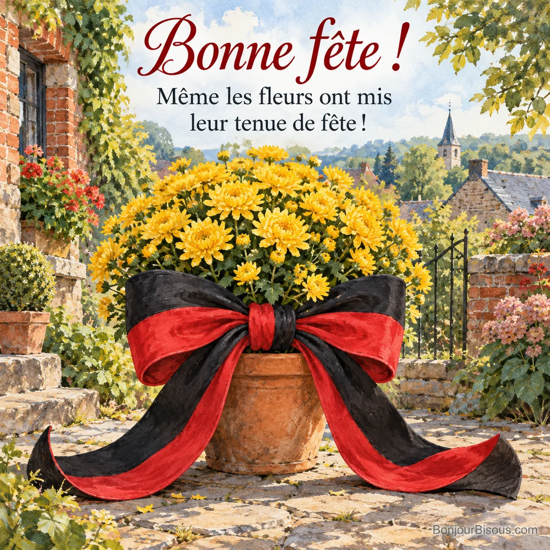 Aquarelle colorée d’un pot de chrysanthèmes jaunes de septembre coiffé d’un immense nœud noir et rouge, le nœud si grand qu’il retombe de chaque côté comme deux moustaches, avec le texte « Bonne fête ! Même les fleurs ont mis leur tenue de fête ! ». Aquarelle colorée d’un pot de chrysanthèmes jaunes de septembre coiffé d’un immense nœud noir et rouge, le nœud si grand qu’il retombe de chaque côté comme deux moustaches, avec le texte « Bonne fête ! Même les fleurs ont mis leur tenue de fête ! ».
