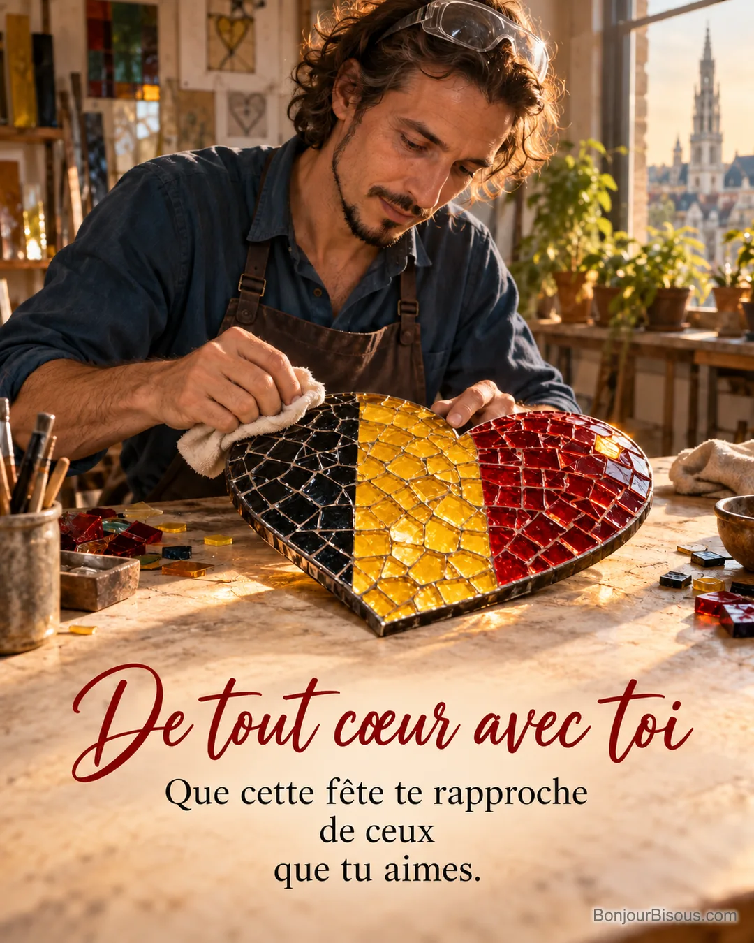 Un artisan polit un cœur en mosaïque aux trois bandes verticales noir, jaune et rouge dans son atelier bruxellois, avec le texte « De tout cœur avec toi Que cette fête te rapproche de ceux que tu aimes. ». Un artisan polit un cœur en mosaïque aux trois bandes verticales noir, jaune et rouge dans son atelier bruxellois, avec le texte « De tout cœur avec toi Que cette fête te rapproche de ceux que tu aimes. ».