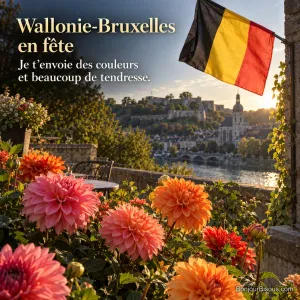 Un ruban noir jaune rouge vertical en trois bandes égales (gauche noir, milieu jaune, droite rouge) ondule au vent au-dessus de dahlias roses et orange de septembre sur une terrasse namuroise, avec le texte « Wallonie-Bruxelles en fête Je t’envoie des couleurs et beaucoup de tendresse. ».