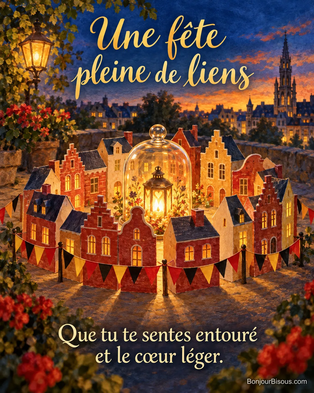 Une ronde de petites maisons belges en papier artisanal rouge et ocre, posées en cercle protecteur autour d’une lumière ambrée sous cloche, avec le texte « Une fête pleine de liens Que tu te sentes entouré et le cœur léger. ». Une ronde de petites maisons belges en papier artisanal rouge et ocre, posées en cercle protecteur autour d’une lumière ambrée sous cloche, avec le texte « Une fête pleine de liens Que tu te sentes entouré et le cœur léger. ».