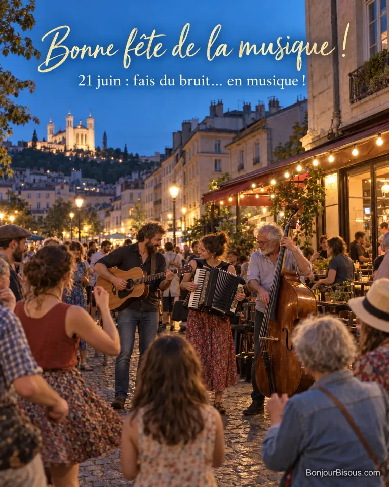 Photo d’un trio guitare, accordéon et contrebasse qui joue dans une rue pavée de Lyon le soir, des gens dansent autour, Fourvière illuminée au fond, avec le texte « Bonne fête de la musique ! 21 juin : fais du bruit… en musique ! »