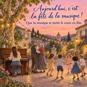 Peinture d’une adolescente au piano sous un platane sur une place de village provençal au crépuscule, un couple âgé qui danse et des enfants en ronde, avec le texte « Aujourd’hui, c’est la fête de la musique ! Que la musique te mette le cœur en fête. »
