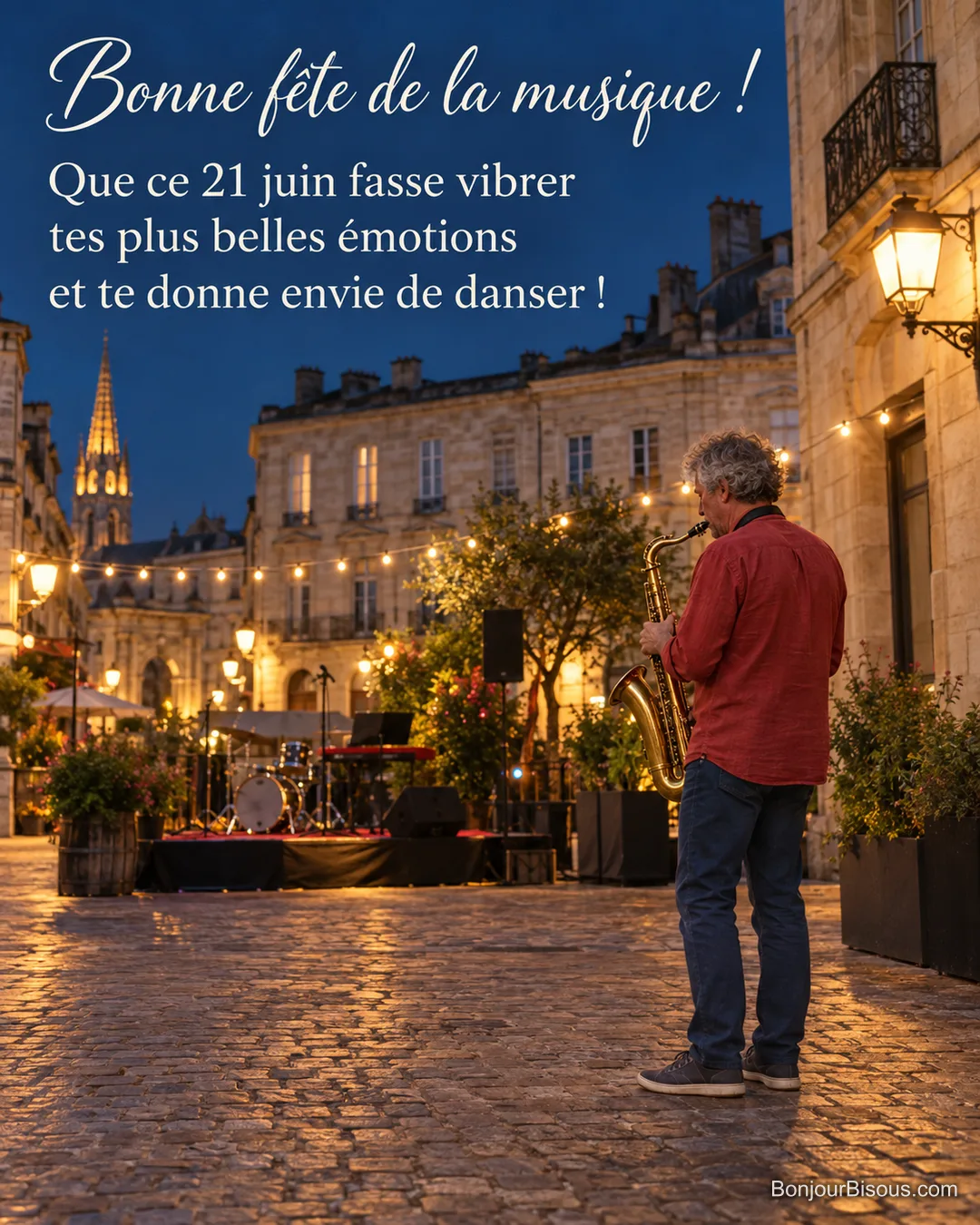 Un saxophoniste amateur joue dans une rue bordelaise illuminée pour la fête de la musique, avec le texte « Bonne fête de la musique ! Que ce 21 juin fasse vibrer tes plus belles émotions et te donne envie de danser ! ». Un saxophoniste amateur joue dans une rue bordelaise illuminée pour la fête de la musique, avec le texte « Bonne fête de la musique ! Que ce 21 juin fasse vibrer tes plus belles émotions et te donne envie de danser ! ».