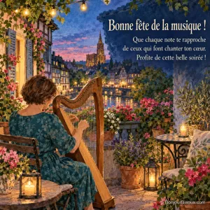 Une harpiste joue sous les guirlandes de fête sur une terrasse alsacienne fleurie, avec le texte « Bonne fête de la musique ! Que chaque note te rapproche de ceux qui font chanter ton cœur. Profite de cette belle soirée ! ».