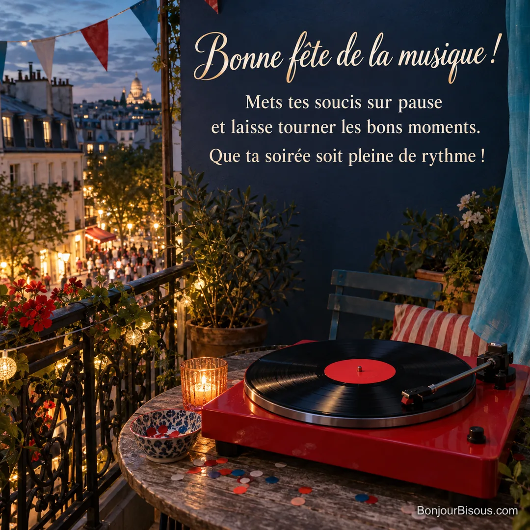 Un disque vinyle tourne sur une platine rouge, sur un balcon parisien décoré pour la fête, avec le texte « Bonne fête de la musique ! Mets tes soucis sur pause et laisse tourner les bons moments. Que ta soirée soit pleine de rythme ! ». Un disque vinyle tourne sur une platine rouge, sur un balcon parisien décoré pour la fête, avec le texte « Bonne fête de la musique ! Mets tes soucis sur pause et laisse tourner les bons moments. Que ta soirée soit pleine de rythme ! ».