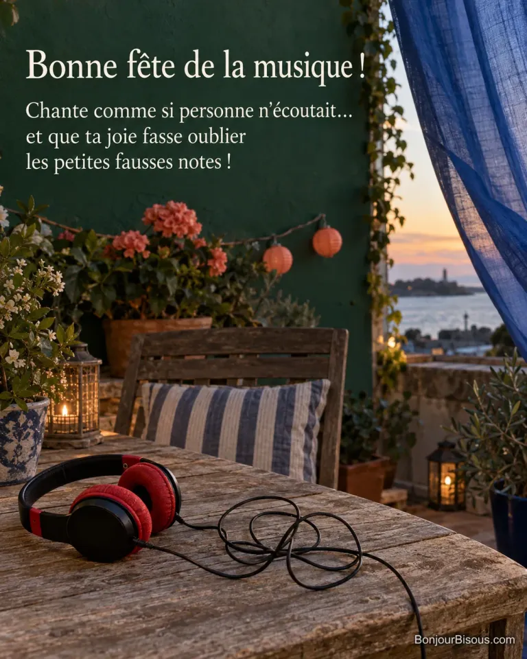 Un casque audio rouge et son câble en boucle attendent sur une terrasse décorée pour la musique, avec le texte « Bonne fête de la musique ! Chante comme si personne n’écoutait… et que ta joie fasse oublier les petites fausses notes ! ».