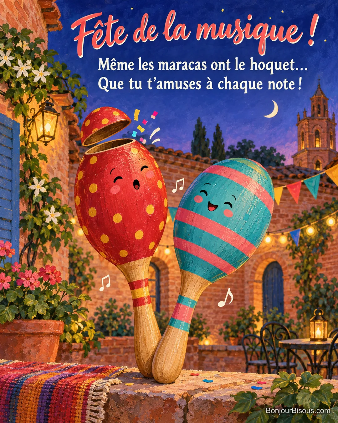 Une maraca rouge laisse échapper des confettis devant sa compagne turquoise amusée, avec le texte « Fête de la musique ! Même les maracas ont le hoquet… Que tu t’amuses à chaque note ! ». Une maraca rouge laisse échapper des confettis devant sa compagne turquoise amusée, avec le texte « Fête de la musique ! Même les maracas ont le hoquet… Que tu t’amuses à chaque note ! ».