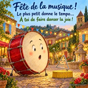 Un minuscule triangle mène une grosse caisse rouge dans une cour de fête, avec le texte « Fête de la musique ! Le plus petit donne le tempo… À toi de faire danser la joie ! ».