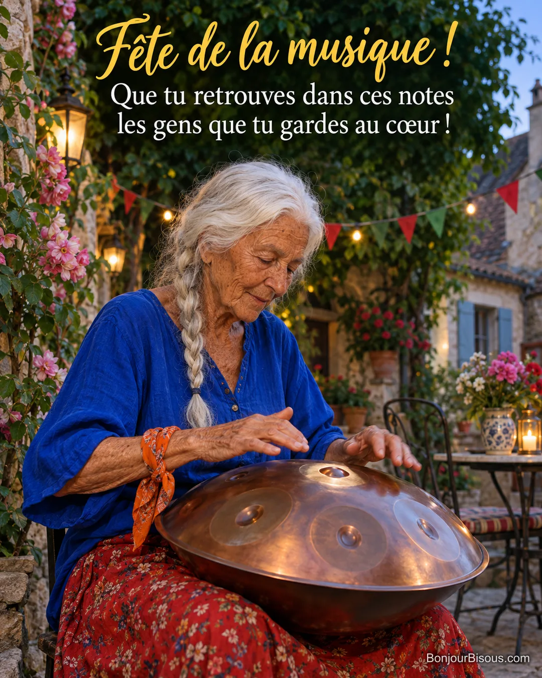 Une musicienne âgée joue du handpan sous les fanions d’une cour bourguignonne, avec le texte « Fête de la musique ! Que tu retrouves dans ces notes les gens que tu gardes au cœur ! ». Une musicienne âgée joue du handpan sous les fanions d’une cour bourguignonne, avec le texte « Fête de la musique ! Que tu retrouves dans ces notes les gens que tu gardes au cœur ! ».
