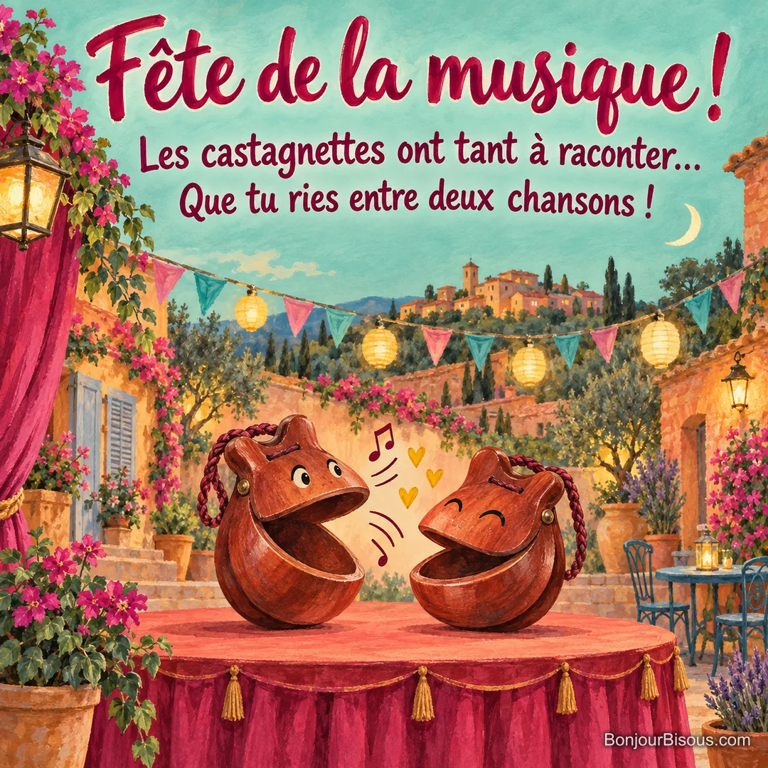 Deux castagnettes souriantes semblent bavarder sous les lampions d’une fête, avec le texte « Fête de la musique ! Les castagnettes ont tant à raconter… Que tu ries entre deux chansons ! ». Deux castagnettes souriantes semblent bavarder sous les lampions d’une fête, avec le texte « Fête de la musique ! Les castagnettes ont tant à raconter… Que tu ries entre deux chansons ! ».