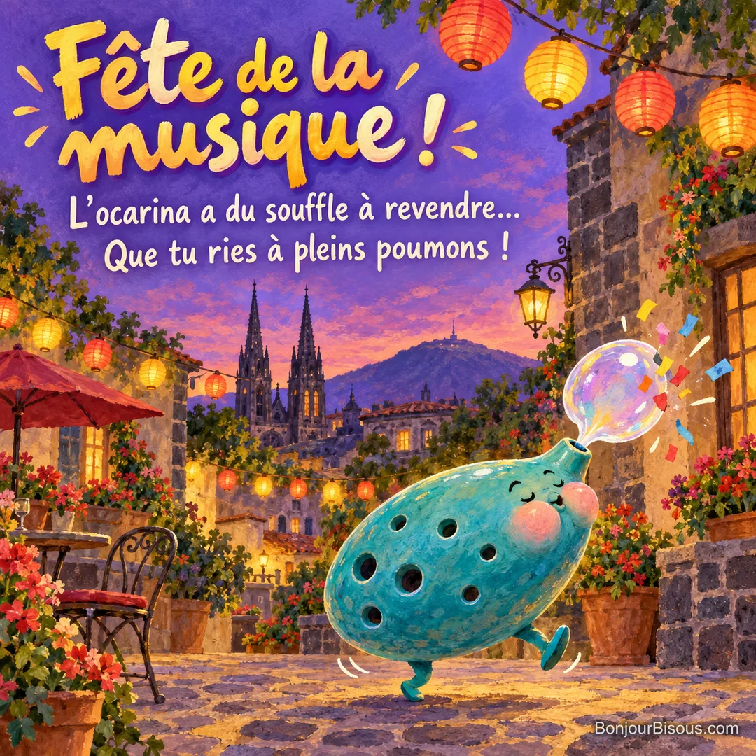 Un ocarina turquoise aux joues gonflées souffle une bulle de confettis sous les lampions, avec le texte « Fête de la musique ! L’ocarina a du souffle à revendre… Que tu ries à pleins poumons ! ». Un ocarina turquoise aux joues gonflées souffle une bulle de confettis sous les lampions, avec le texte « Fête de la musique ! L’ocarina a du souffle à revendre… Que tu ries à pleins poumons ! ».