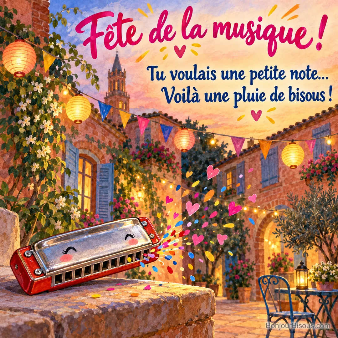 Un harmonica rouge éternue une pluie de confettis sous les lampions de la fête de la musique, avec le texte « Fête de la musique ! Tu voulais une petite note… Voilà une pluie de bisous ! ». Un harmonica rouge éternue une pluie de confettis sous les lampions de la fête de la musique, avec le texte « Fête de la musique ! Tu voulais une petite note… Voilà une pluie de bisous ! ».