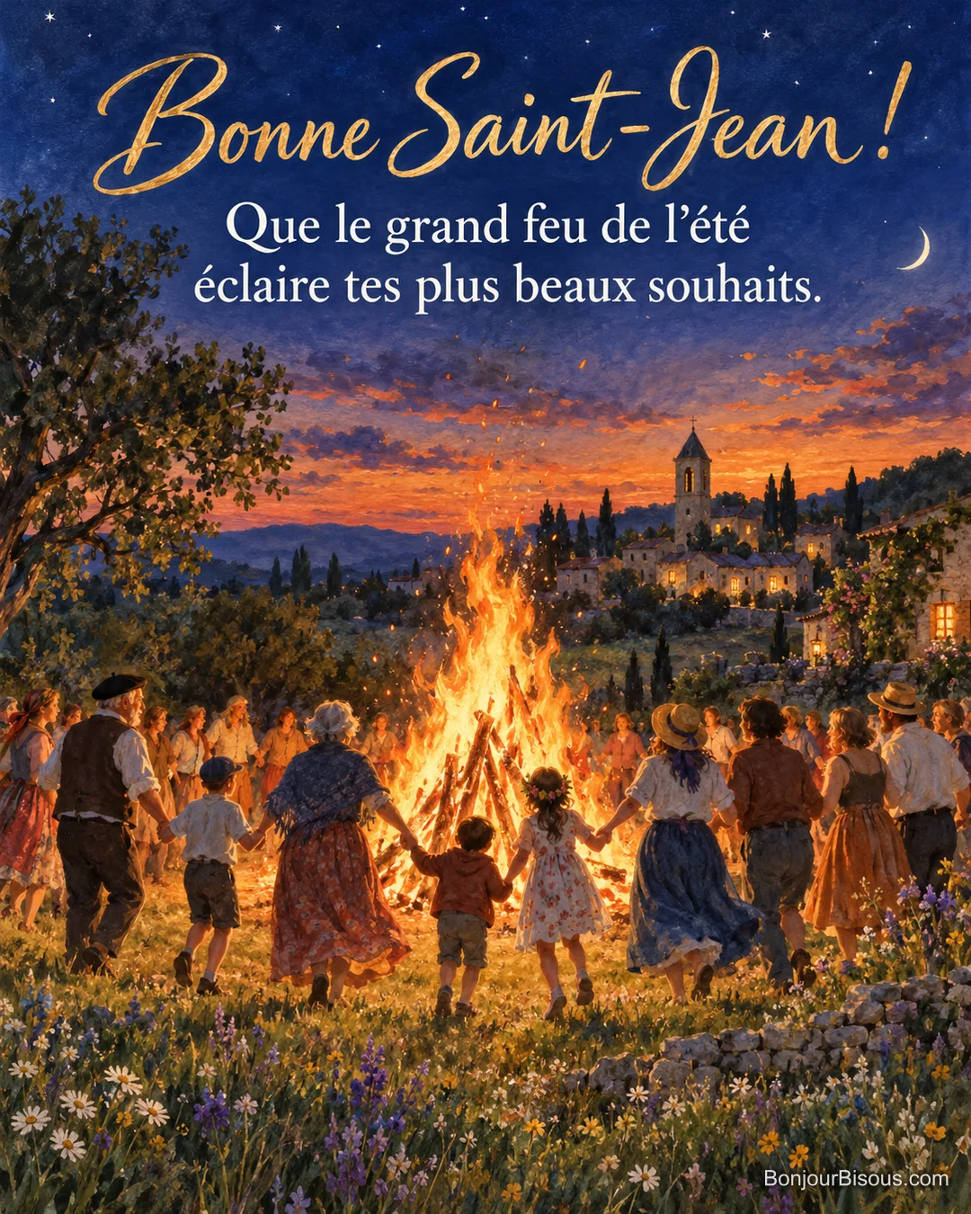 Peinture de villageois de tous âges qui dansent en ronde autour d’un grand feu de la Saint-Jean dans un pré, village et clocher au crépuscule, avec le texte « Bonne Saint-Jean ! Que le grand feu de l’été éclaire tes plus beaux souhaits. » Peinture de villageois de tous âges qui dansent en ronde autour d’un grand feu de la Saint-Jean dans un pré, village et clocher au crépuscule, avec le texte « Bonne Saint-Jean ! Que le grand feu de l’été éclaire tes plus beaux souhaits. »