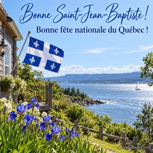 Photo d’un drapeau du Québec sur une maison en bois au bord du Saint-Laurent, iris bleus au premier plan et voilier sur le fleuve, avec le texte « Bonne Saint-Jean-Baptiste ! Bonne fête nationale du Québec ! »
