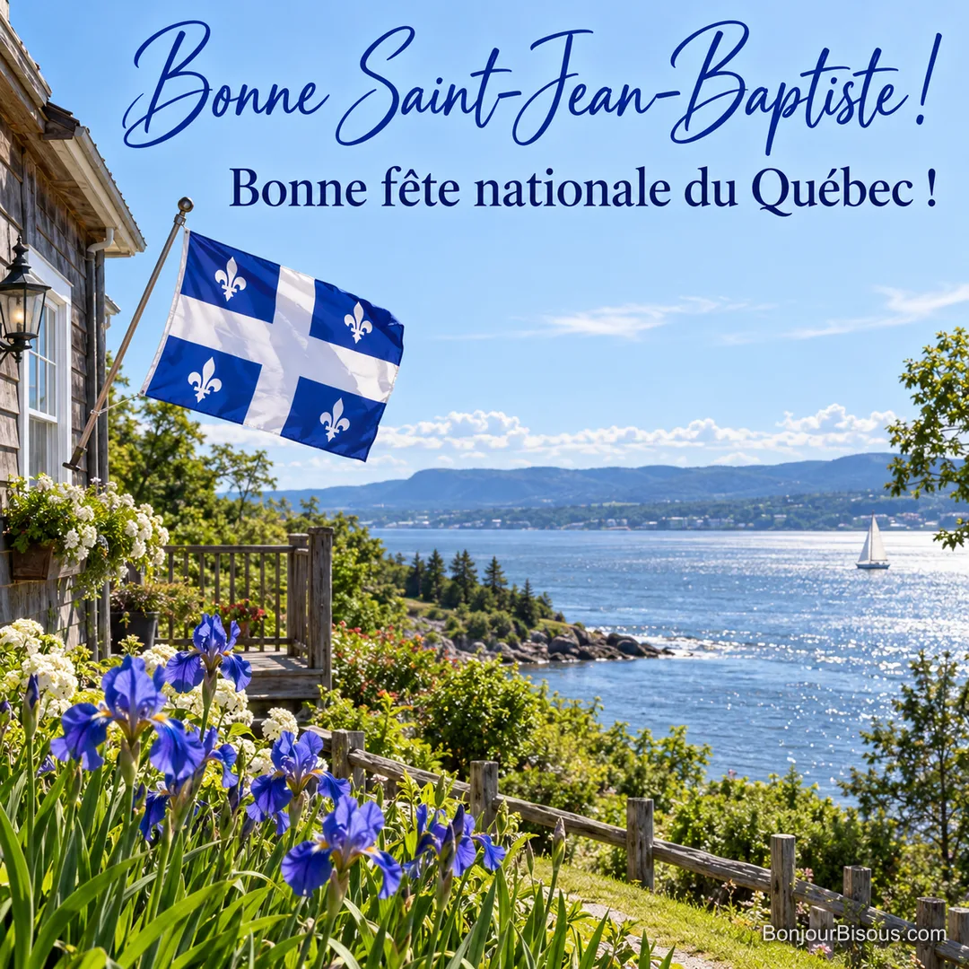 Photo d’un drapeau du Québec sur une maison en bois au bord du Saint-Laurent, iris bleus au premier plan et voilier sur le fleuve, avec le texte « Bonne Saint-Jean-Baptiste ! Bonne fête nationale du Québec ! » Photo d’un drapeau du Québec sur une maison en bois au bord du Saint-Laurent, iris bleus au premier plan et voilier sur le fleuve, avec le texte « Bonne Saint-Jean-Baptiste ! Bonne fête nationale du Québec ! »