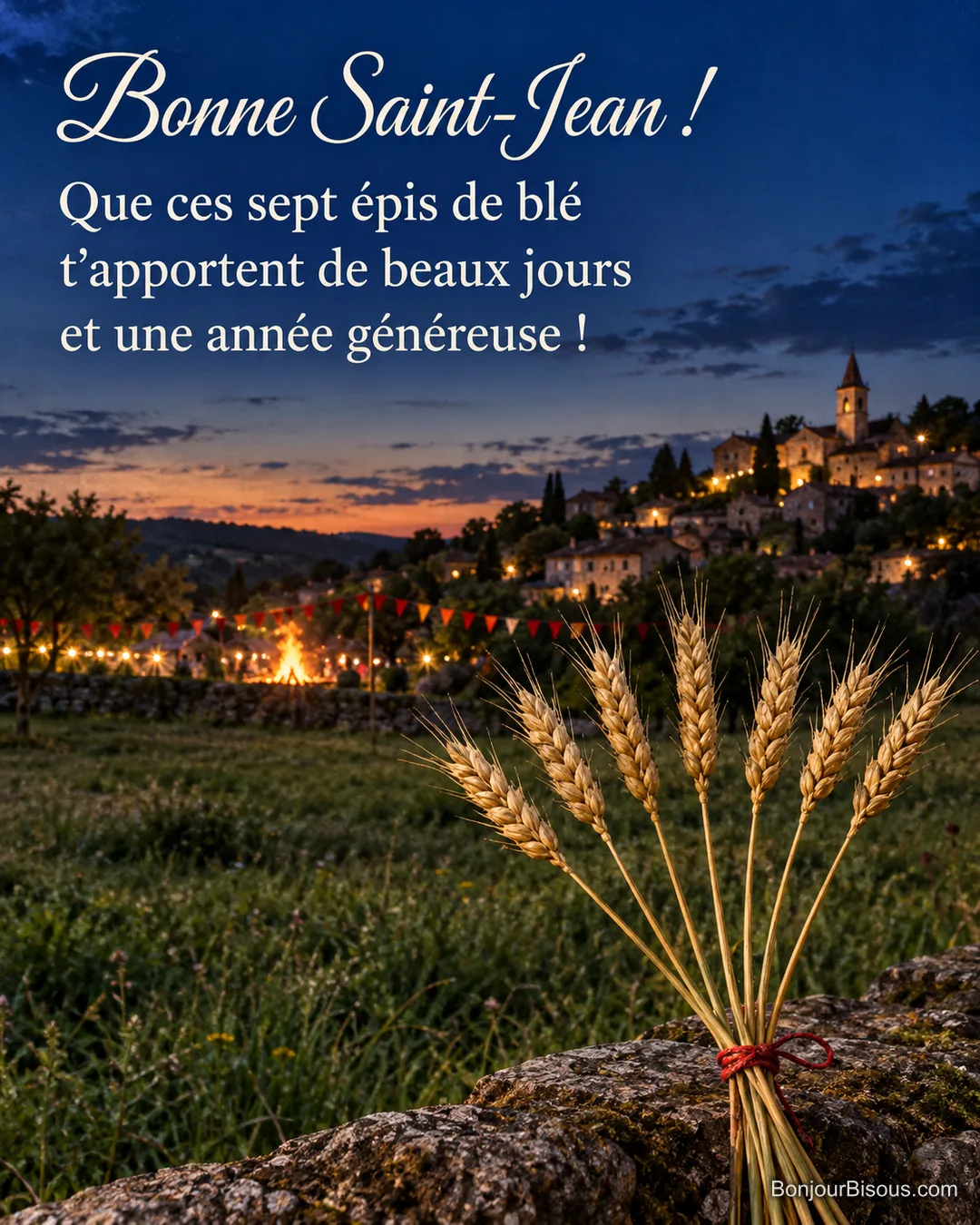 Sept épis de blé liés de rouge se détachent devant la campagne en fête pour la Saint-Jean, avec le texte « Bonne Saint-Jean ! Que ces sept épis de blé t’apportent de beaux jours et une année généreuse ! ». Sept épis de blé liés de rouge se détachent devant la campagne en fête pour la Saint-Jean, avec le texte « Bonne Saint-Jean ! Que ces sept épis de blé t’apportent de beaux jours et une année généreuse ! ».