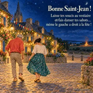 Deux adultes dansent en sabots sur une place bretonne décorée pour la Saint-Jean, avec le texte « Bonne Saint-Jean ! Laisse tes soucis au vestiaire et fais danser tes sabots… même le gauche a droit à la fête ! ».