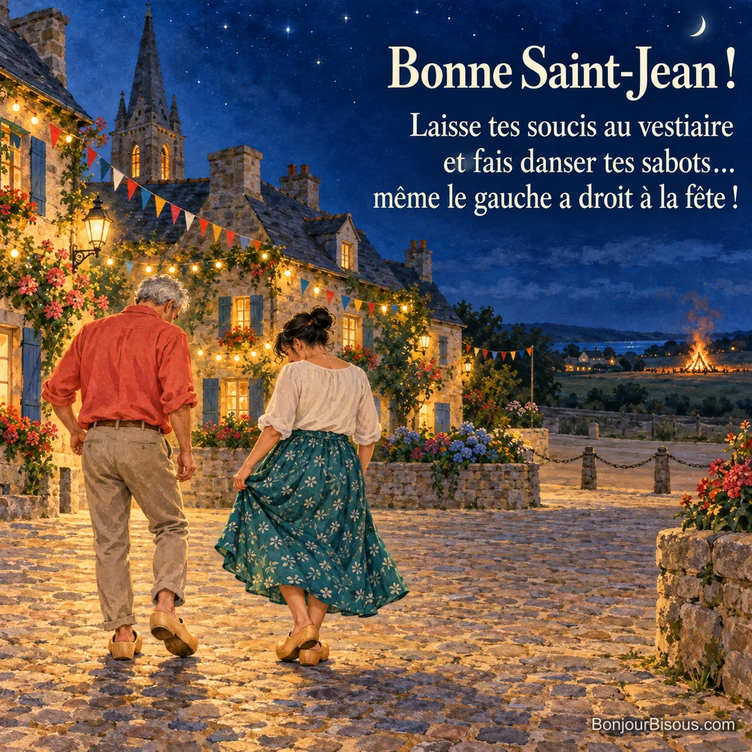 Deux adultes dansent en sabots sur une place bretonne décorée pour la Saint-Jean, avec le texte « Bonne Saint-Jean ! Laisse tes soucis au vestiaire et fais danser tes sabots… même le gauche a droit à la fête ! ». Deux adultes dansent en sabots sur une place bretonne décorée pour la Saint-Jean, avec le texte « Bonne Saint-Jean ! Laisse tes soucis au vestiaire et fais danser tes sabots… même le gauche a droit à la fête ! ».