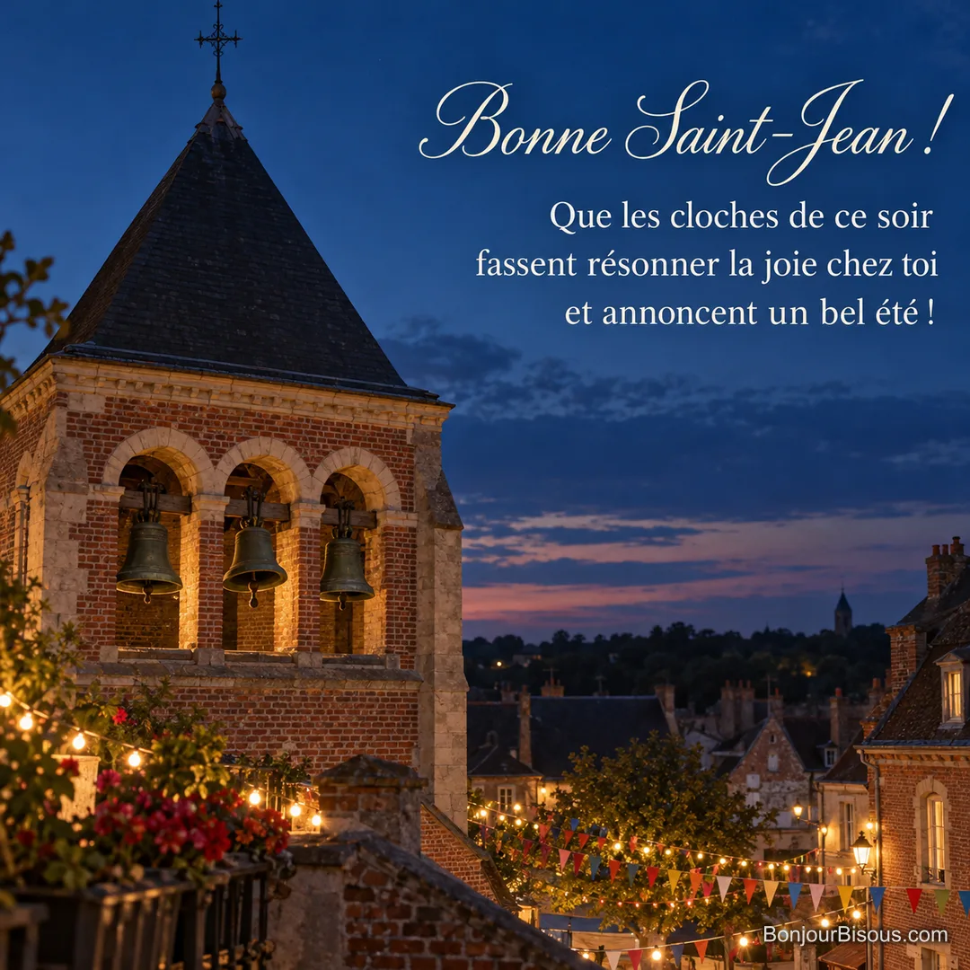 Trois cloches de bronze dominent une place du Nord illuminée pour la Saint-Jean, avec le texte « Bonne Saint-Jean ! Que les cloches de ce soir fassent résonner la joie chez toi et annoncent un bel été ! ». Trois cloches de bronze dominent une place du Nord illuminée pour la Saint-Jean, avec le texte « Bonne Saint-Jean ! Que les cloches de ce soir fassent résonner la joie chez toi et annoncent un bel été ! ».