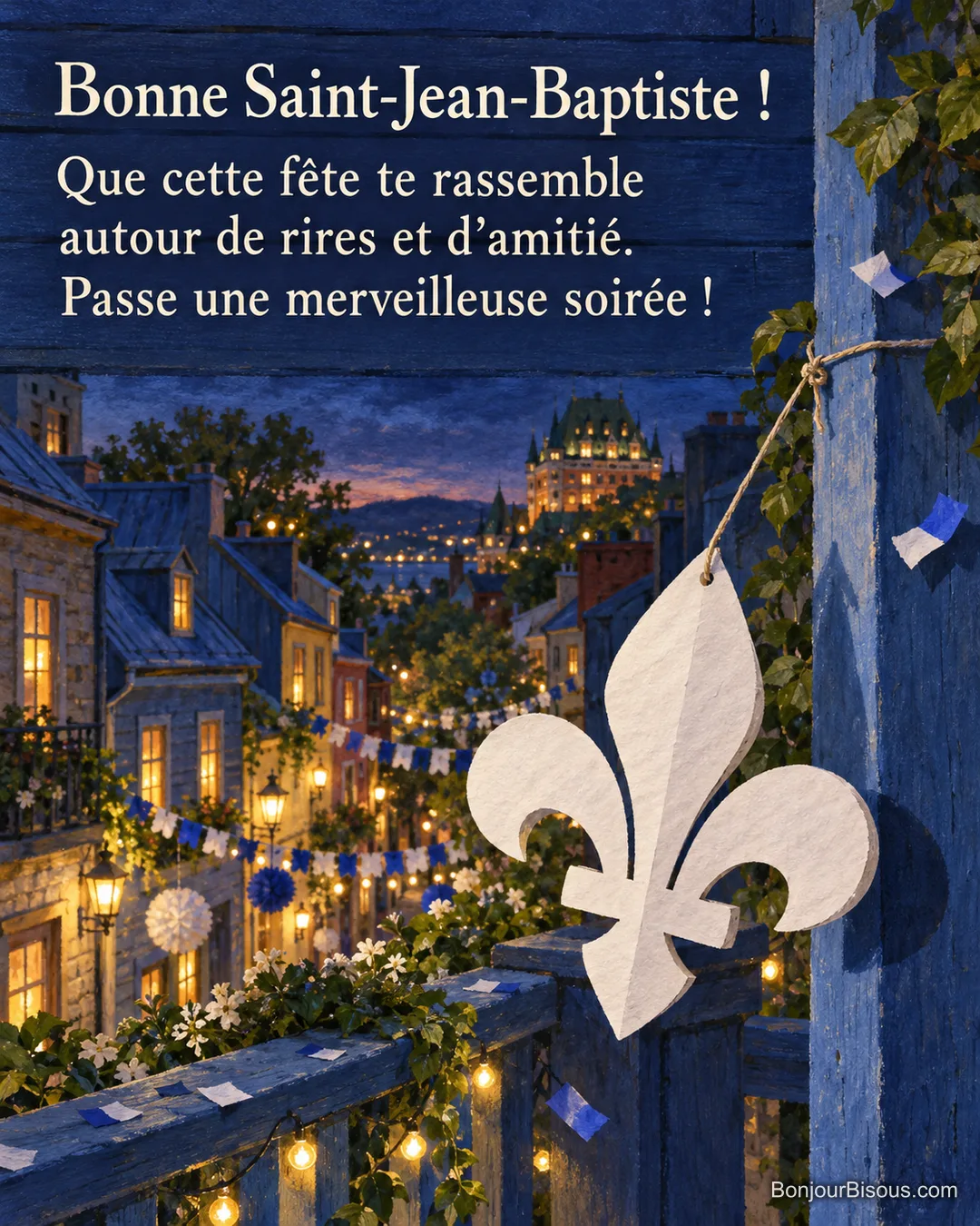 Une fleur de lys en papier blanc se balance sur un balcon québécois décoré pour la Saint-Jean, avec le texte « Bonne Saint-Jean-Baptiste ! Que cette fête te rassemble autour de rires et d’amitié. Passe une merveilleuse soirée ! ». Une fleur de lys en papier blanc se balance sur un balcon québécois décoré pour la Saint-Jean, avec le texte « Bonne Saint-Jean-Baptiste ! Que cette fête te rassemble autour de rires et d’amitié. Passe une merveilleuse soirée ! ».