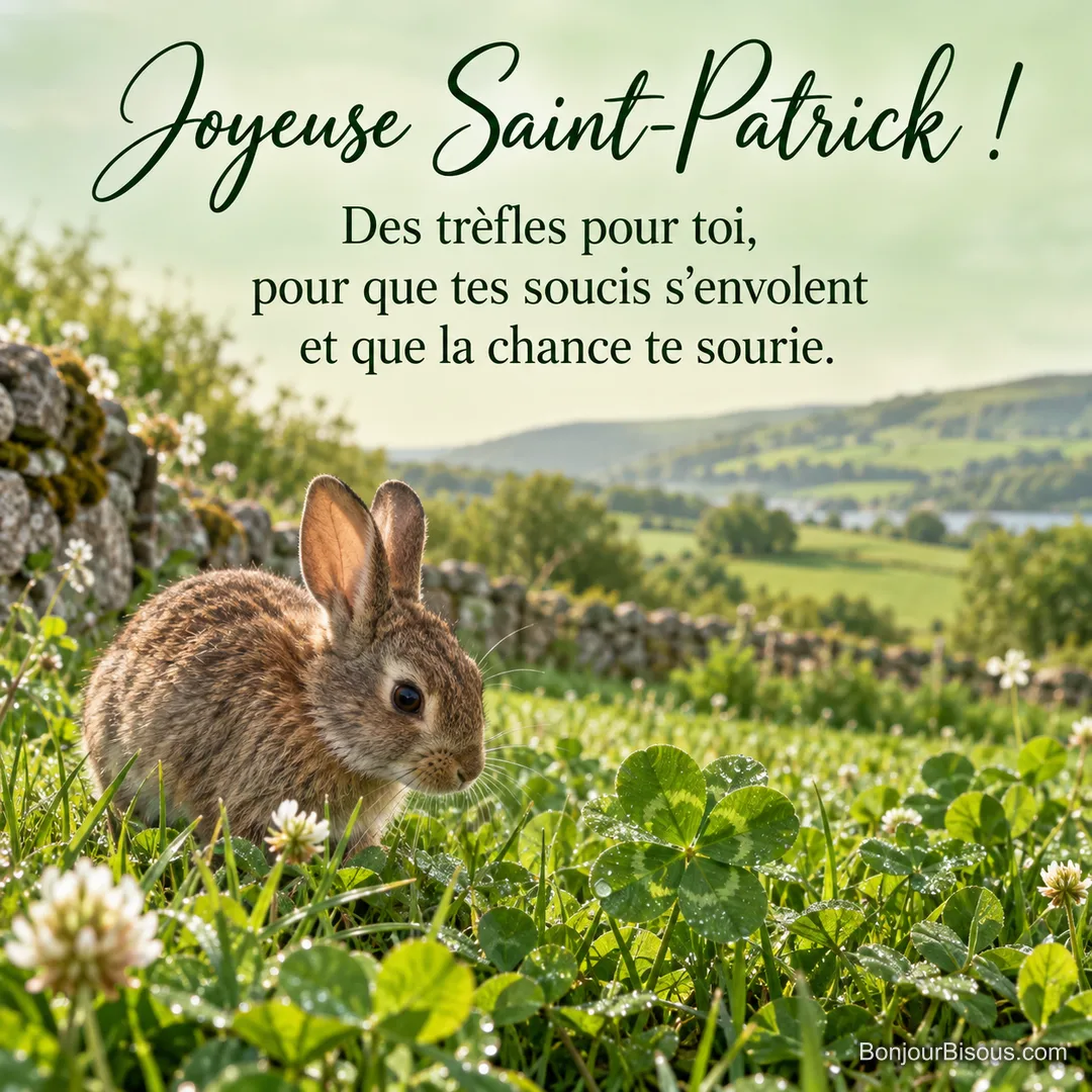 Photo d’un lapin de garenne dans une prairie de trèfles couverts de rosée, avec un trèfle à quatre feuilles, un muret de pierres et des collines vertes, avec le texte « Joyeuse Saint-Patrick ! Des trèfles pour toi, pour que tes soucis s’envolent et que la chance te sourie. » Photo d’un lapin de garenne dans une prairie de trèfles couverts de rosée, avec un trèfle à quatre feuilles, un muret de pierres et des collines vertes, avec le texte « Joyeuse Saint-Patrick ! Des trèfles pour toi, pour que tes soucis s’envolent et que la chance te sourie. »