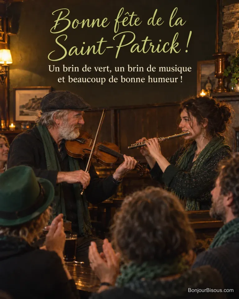 Photo d’un violoniste barbu en casquette et d’une flûtiste qui jouent face à face dans un pub chaleureux, des spectateurs en écharpes vertes applaudissent, avec le texte « Bonne fête de la Saint-Patrick ! Un brin de vert, un brin de musique et beaucoup de bonne humeur ! »