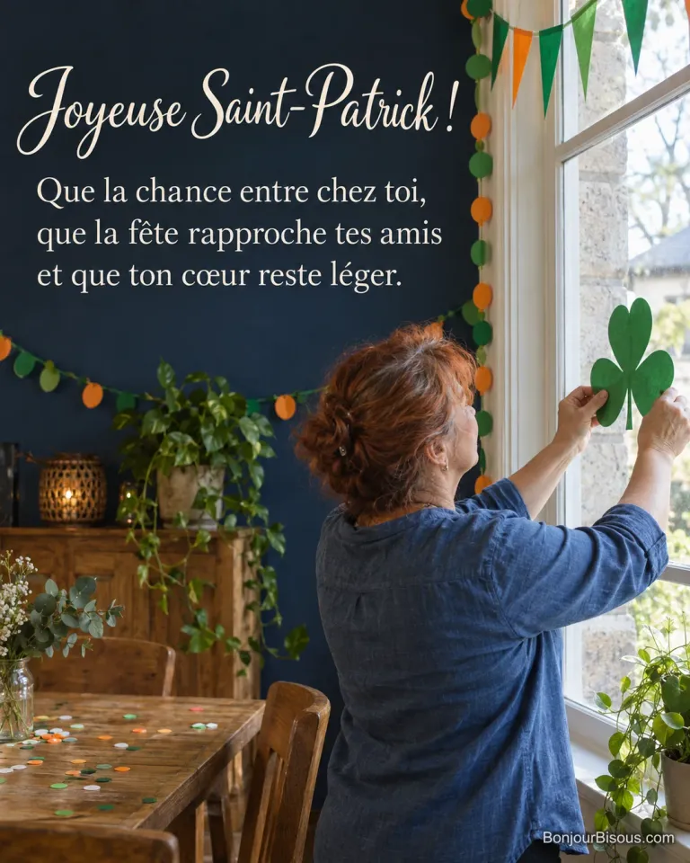 Une femme décore une vitre avec un trèfle vert pour la Saint-Patrick, avec le texte « Joyeuse Saint-Patrick ! Que la chance entre chez toi, que la fête rapproche tes amis et que ton cœur reste léger. ».