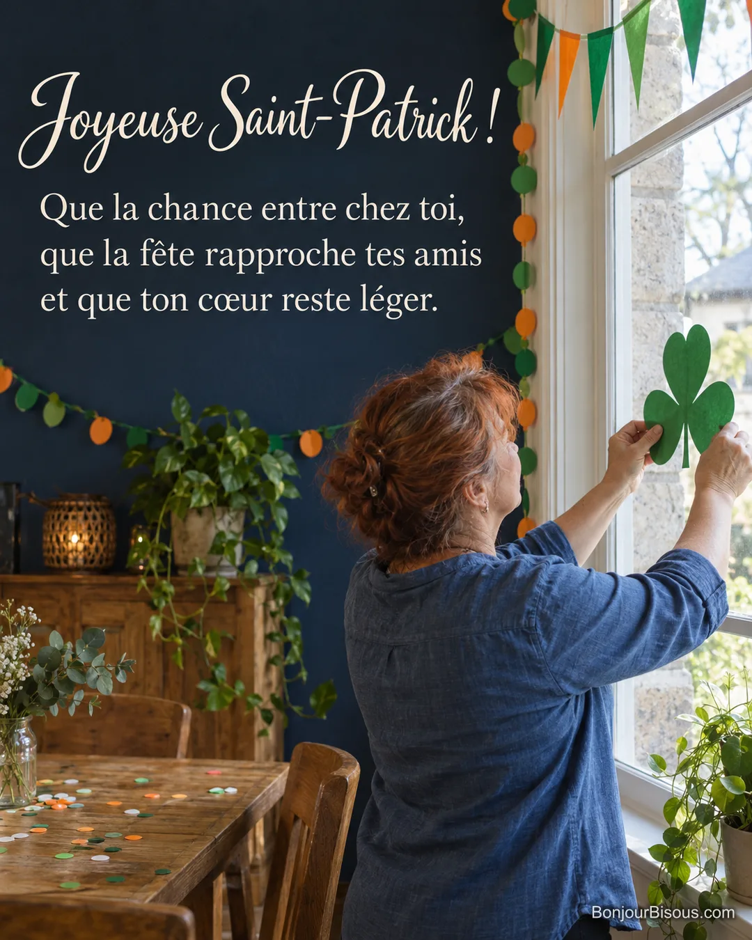 Une femme décore une vitre avec un trèfle vert pour la Saint-Patrick, avec le texte « Joyeuse Saint-Patrick ! Que la chance entre chez toi, que la fête rapproche tes amis et que ton cœur reste léger. ». Une femme décore une vitre avec un trèfle vert pour la Saint-Patrick, avec le texte « Joyeuse Saint-Patrick ! Que la chance entre chez toi, que la fête rapproche tes amis et que ton cœur reste léger. ».
