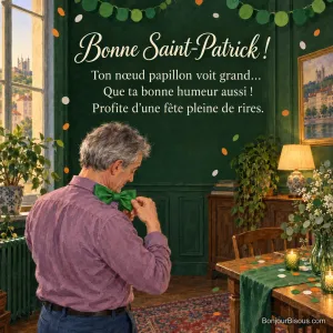 Un homme ajuste un grand nœud papillon vert dans une salle festive, avec le texte « Bonne Saint-Patrick ! Ton nœud papillon voit grand… Que ta bonne humeur aussi ! Profite d’une fête pleine de rires. ».