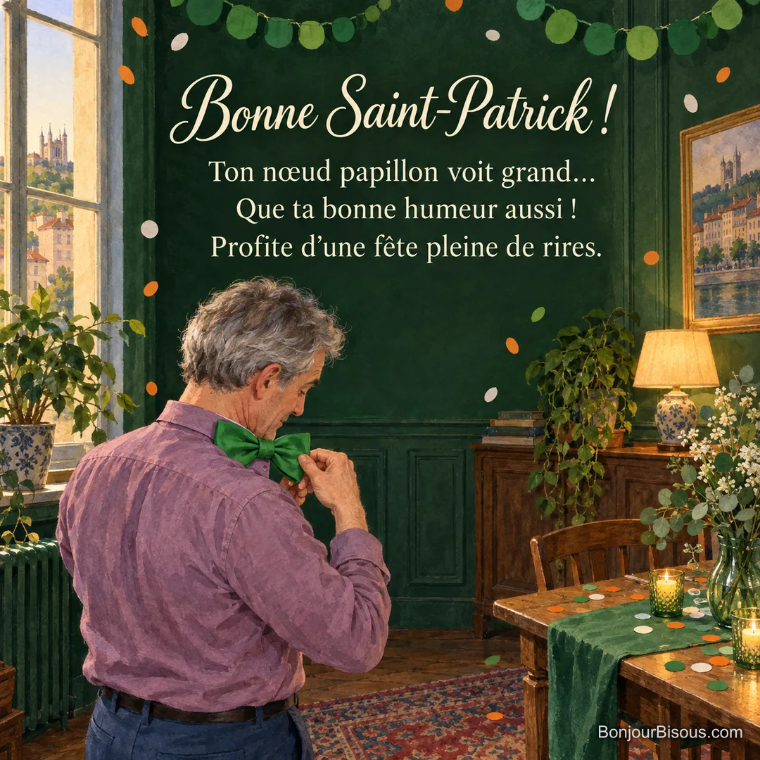 Un homme ajuste un grand nœud papillon vert dans une salle festive, avec le texte « Bonne Saint-Patrick ! Ton nœud papillon voit grand… Que ta bonne humeur aussi ! Profite d’une fête pleine de rires. ». Un homme ajuste un grand nœud papillon vert dans une salle festive, avec le texte « Bonne Saint-Patrick ! Ton nœud papillon voit grand… Que ta bonne humeur aussi ! Profite d’une fête pleine de rires. ».
