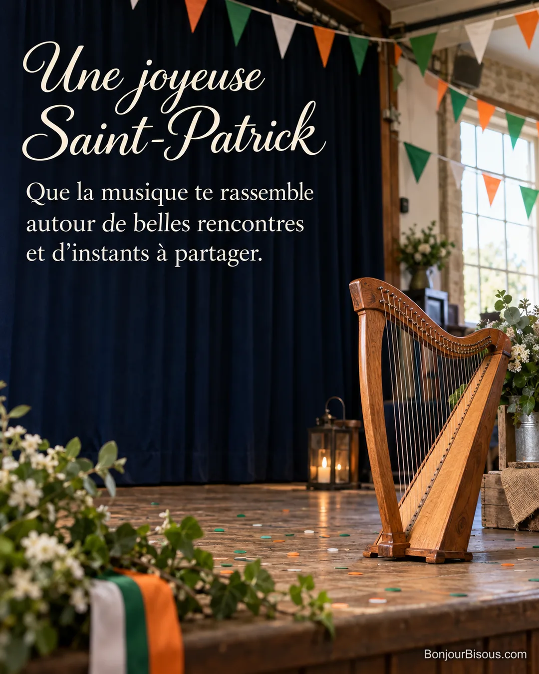 Une harpe celtique se dresse sous les guirlandes vertes d’une fête bretonne, avec le texte « Une joyeuse Saint-Patrick Que la musique te rassemble autour de belles rencontres et d’instants à partager. ». Une harpe celtique se dresse sous les guirlandes vertes d’une fête bretonne, avec le texte « Une joyeuse Saint-Patrick Que la musique te rassemble autour de belles rencontres et d’instants à partager. ».
