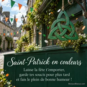 Un entrelacs celtique vert est suspendu dans une rue décorée pour la Saint-Patrick, avec le texte « Saint-Patrick en couleurs Laisse la fête t’emporter, garde tes soucis pour plus tard et fais le plein de bonne humeur ! ».