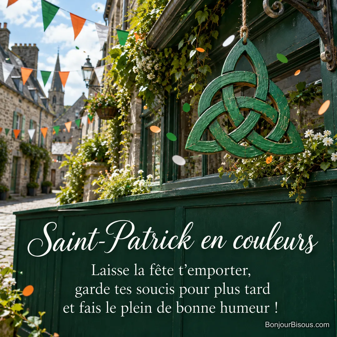 Un entrelacs celtique vert est suspendu dans une rue décorée pour la Saint-Patrick, avec le texte « Saint-Patrick en couleurs Laisse la fête t’emporter, garde tes soucis pour plus tard et fais le plein de bonne humeur ! ». Un entrelacs celtique vert est suspendu dans une rue décorée pour la Saint-Patrick, avec le texte « Saint-Patrick en couleurs Laisse la fête t’emporter, garde tes soucis pour plus tard et fais le plein de bonne humeur ! ».