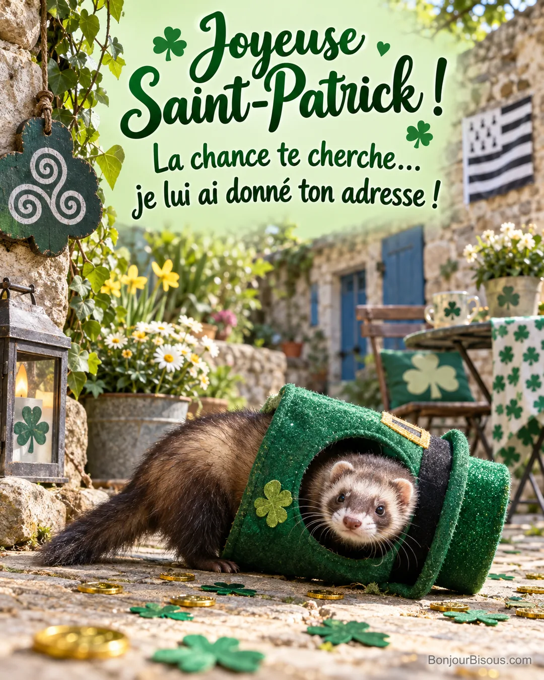 Un furet brun sable se glisse à travers un petit chapeau vert sous des guirlandes de Saint-Patrick, avec le texte « Joyeuse Saint-Patrick ! La chance te cherche… je lui ai donné ton adresse ! ». Un furet brun sable se glisse à travers un petit chapeau vert sous des guirlandes de Saint-Patrick, avec le texte « Joyeuse Saint-Patrick ! La chance te cherche… je lui ai donné ton adresse ! ».