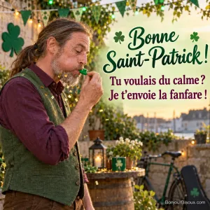 Un musicien amateur aux joues gonflées joue d’un minuscule kazoo sous des confettis de Saint-Patrick, avec le texte « Bonne Saint-Patrick ! Tu voulais du calme ? Je t’envoie la fanfare ! ».