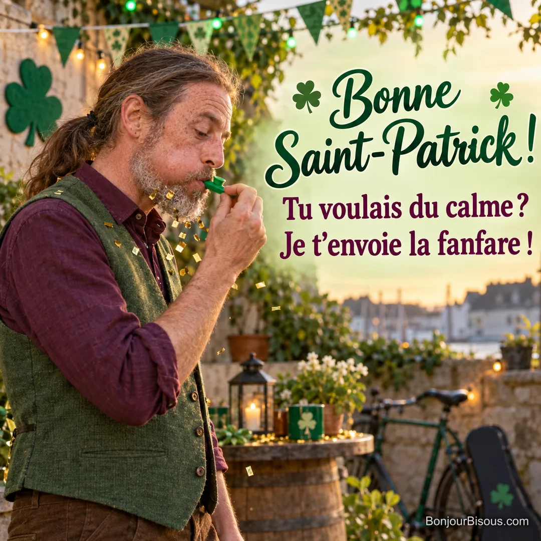Un musicien amateur aux joues gonflées joue d’un minuscule kazoo sous des confettis de Saint-Patrick, avec le texte « Bonne Saint-Patrick ! Tu voulais du calme ? Je t’envoie la fanfare ! ». Un musicien amateur aux joues gonflées joue d’un minuscule kazoo sous des confettis de Saint-Patrick, avec le texte « Bonne Saint-Patrick ! Tu voulais du calme ? Je t’envoie la fanfare ! ».