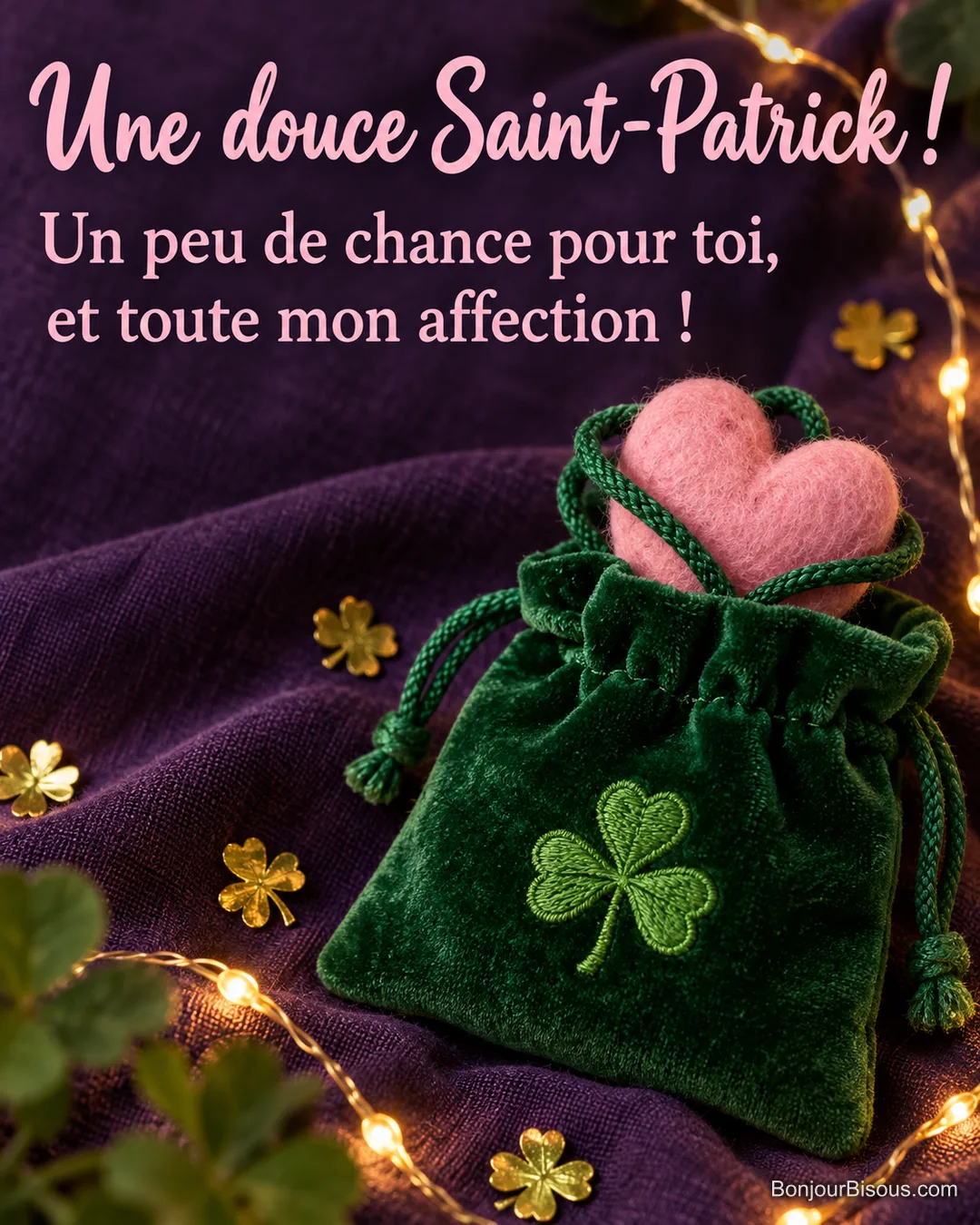 Une aumônière en velours émeraude au trèfle brodé entoure un cœur rose de ses cordons, avec le texte « Une douce Saint-Patrick ! Un peu de chance pour toi, et toute mon affection ! ». Une aumônière en velours émeraude au trèfle brodé entoure un cœur rose de ses cordons, avec le texte « Une douce Saint-Patrick ! Un peu de chance pour toi, et toute mon affection ! ».