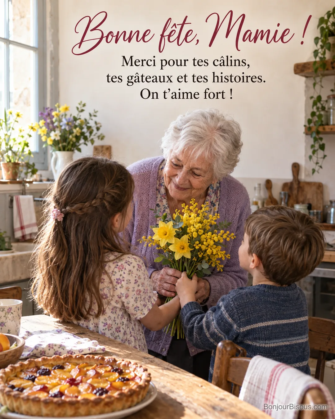 Photo d’une grand-mère aux cheveux blancs en gilet lavande qui reçoit un bouquet de mimosa et de jonquilles de ses deux petits-enfants, une tarte sur la table, avec le texte « Bonne fête, Mamie ! Merci pour tes câlins, tes gâteaux et tes histoires. On t’aime fort ! » Photo d’une grand-mère aux cheveux blancs en gilet lavande qui reçoit un bouquet de mimosa et de jonquilles de ses deux petits-enfants, une tarte sur la table, avec le texte « Bonne fête, Mamie ! Merci pour tes câlins, tes gâteaux et tes histoires. On t’aime fort ! »